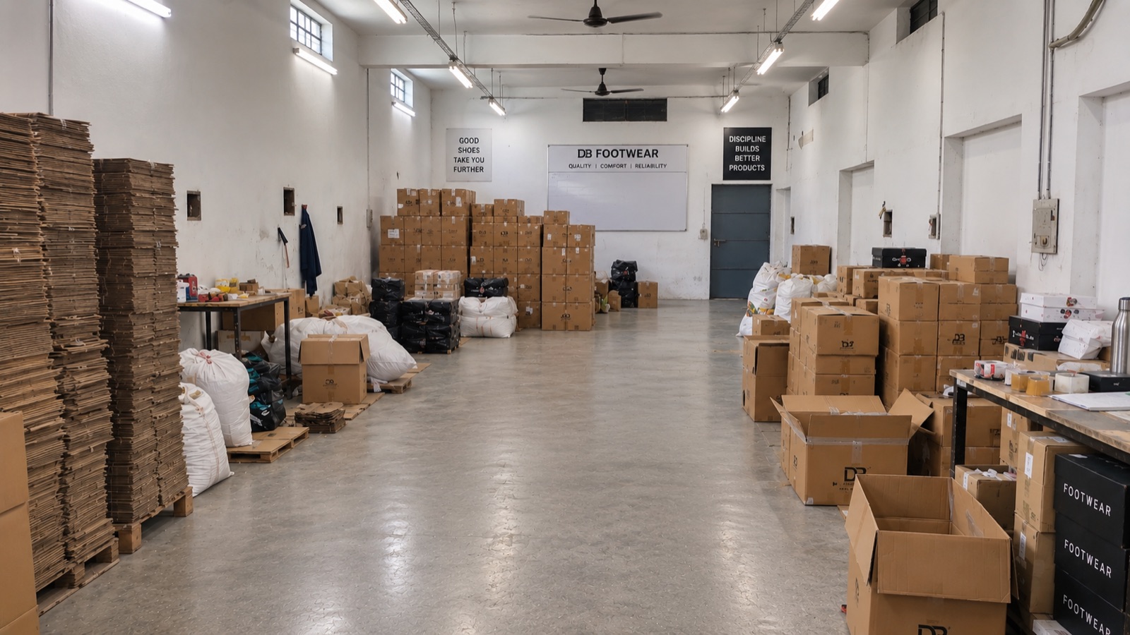 Packing and dispatch hall stacked with cartons at the DBFootwear shoe factory in Agra