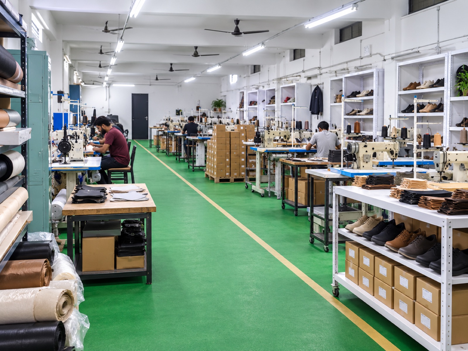 Production floor at the DBFootwear shoe factory in Agra — stitching lines, leather rolls and finished shoe racks