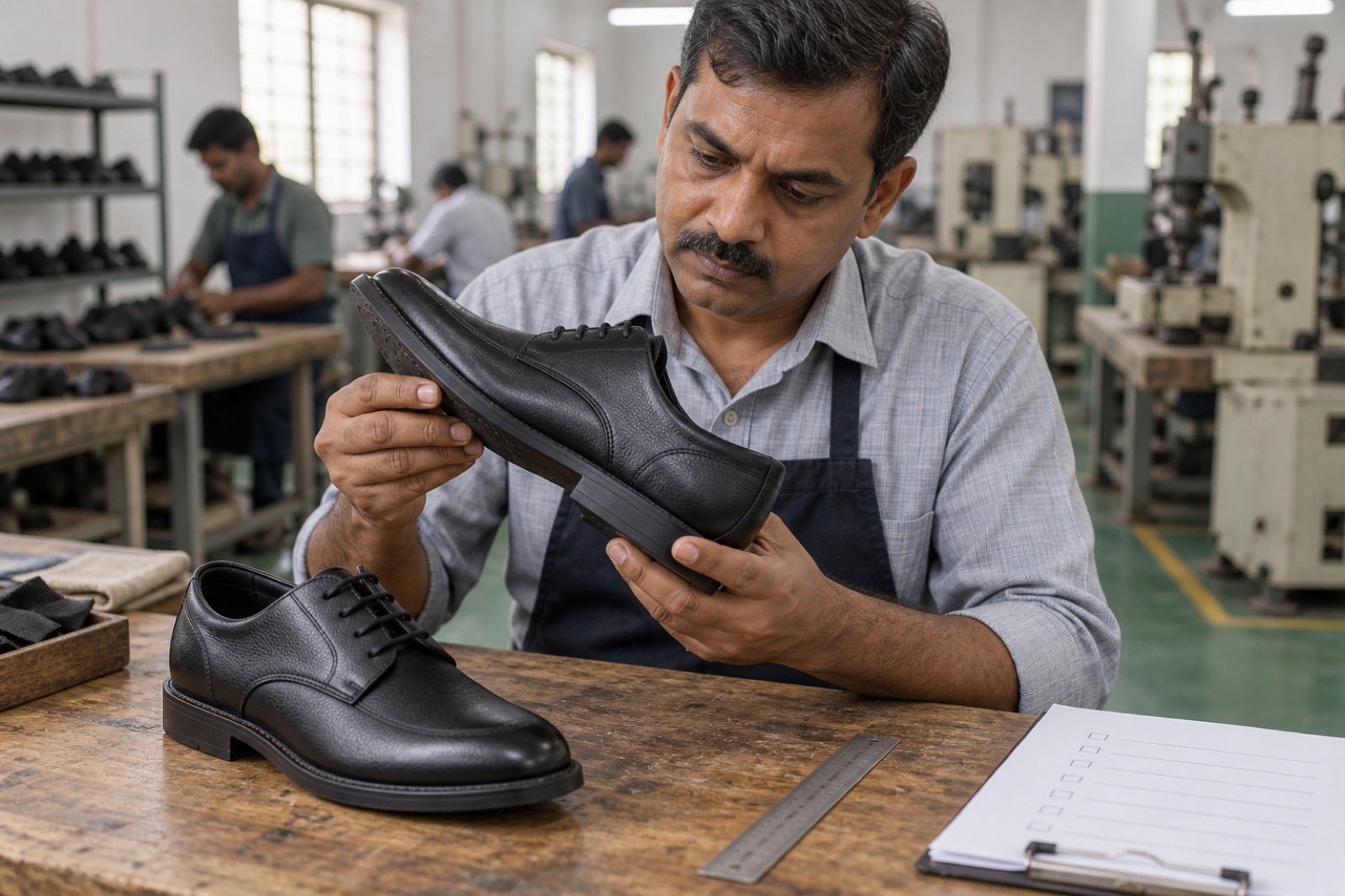 Quality inspection of a finished black leather derby shoe at the DBFootwear factory in Agra