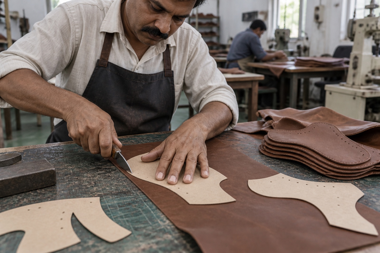 Craftsman clicking leather shoe uppers to pattern at the DBFootwear factory in Agra