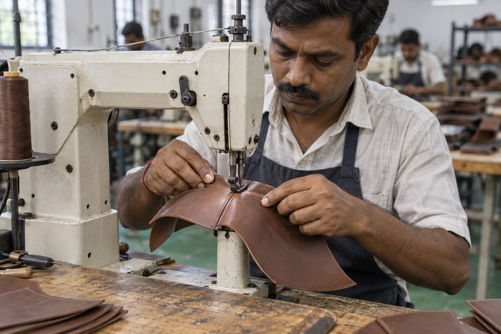 Shoe upper being closed on a post-bed stitching machine at the DBFootwear factory in Agra